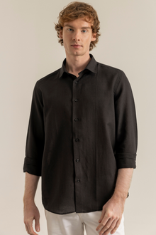 Siyah %100 Keten Düğmeli Yaka Casual Modern Fit Cepsiz Gömlek