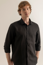 Siyah %100 Keten Düğmeli Yaka Casual Modern Fit Cepsiz Gömlek