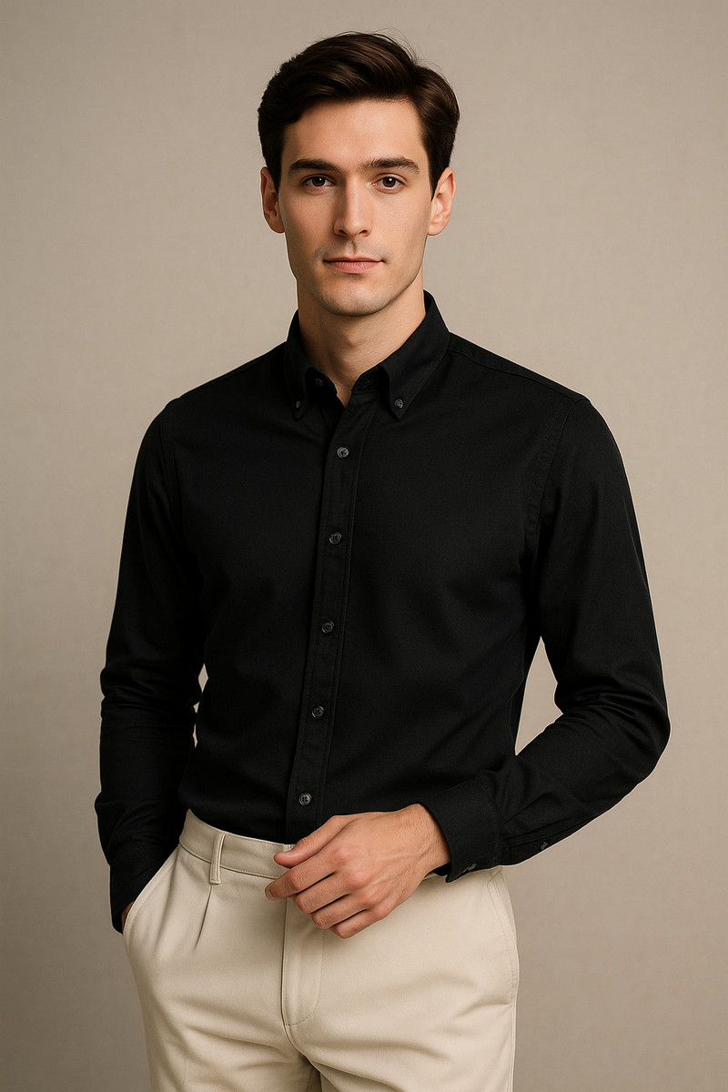 Siyah Oxford Düğmeli Yaka Pamuk Likra Slim Fit Casual Cepsiz Gömlek