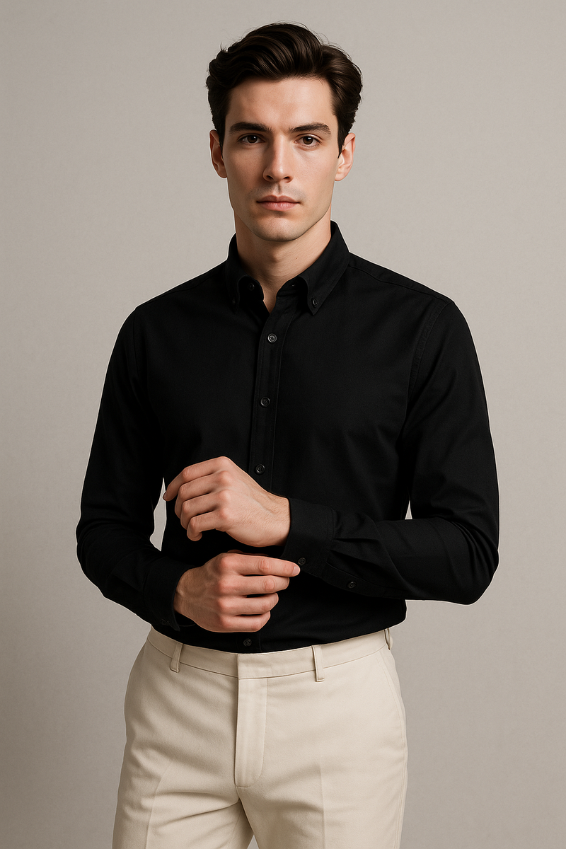 Siyah Oxford Düğmeli Yaka Pamuk Likra Slim Fit Casual Cepsiz Gömlek