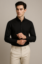 Siyah Oxford Düğmeli Yaka Pamuk Likra Slim Fit Casual Cepsiz Gömlek