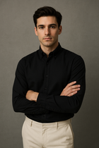 Siyah Oxford Düğmeli Yaka Pamuk Likra Slim Fit Casual Cepsiz Gömlek