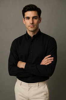 Siyah Oxford Düğmeli Yaka Pamuk Likra Slim Fit Casual Cepsiz Gömlek