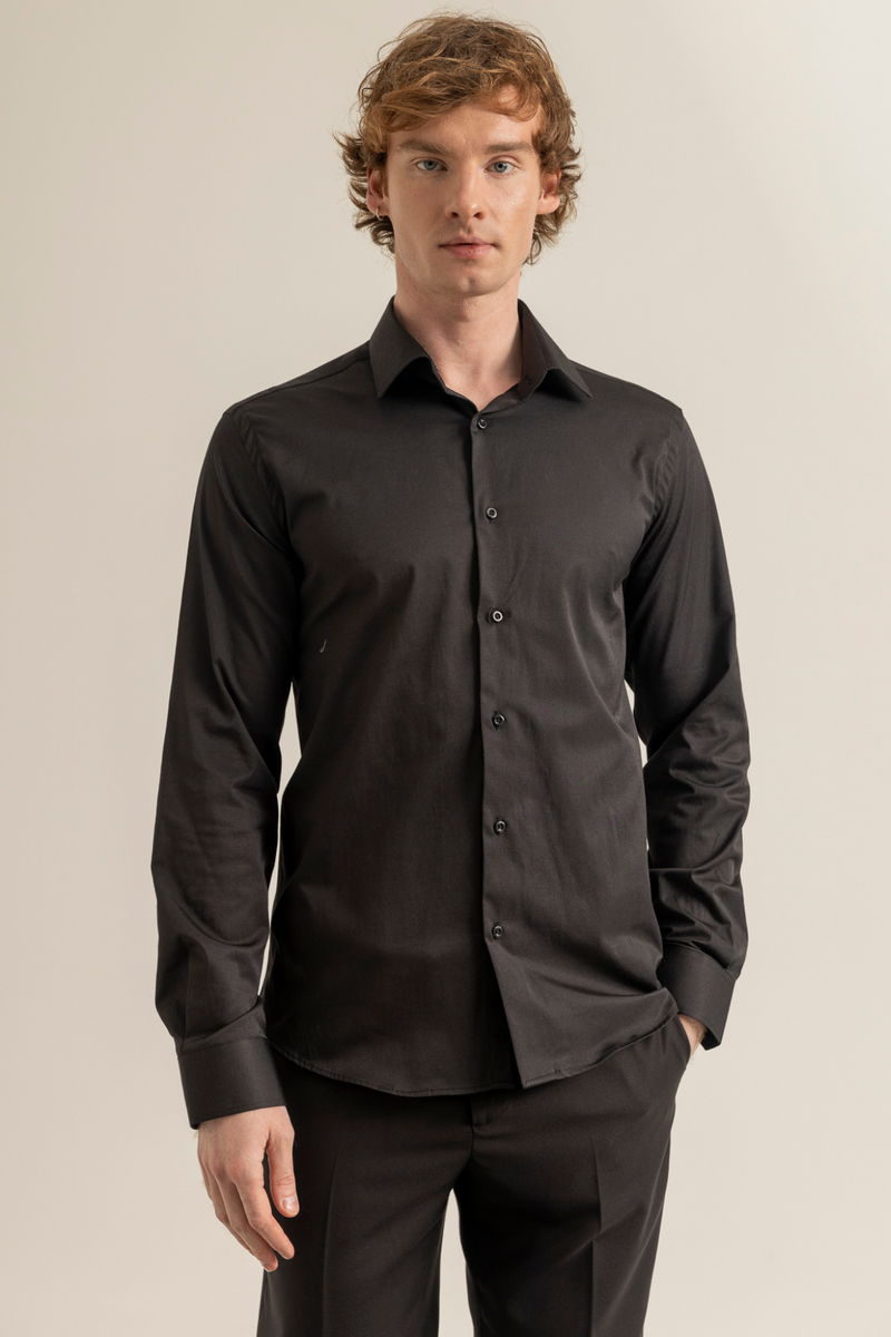 Siyah %100 Pamuk Saten Non-Iron Ütü İstemeyen Casual Cepsiz Modern Fit Gömlek