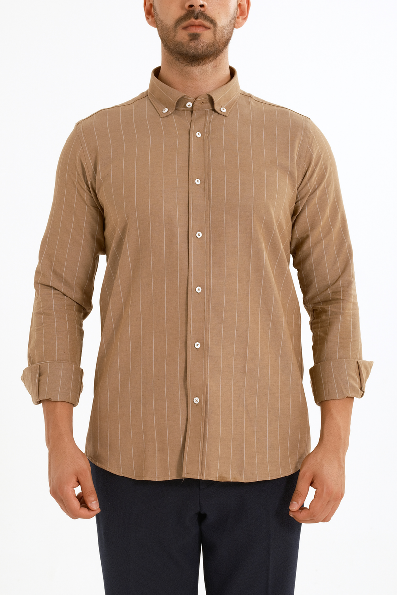 Sütlü Kahve Çizgili Keten Viskon Karışımlı Düğmeli Yaka Casual Modern Fit Gömlek