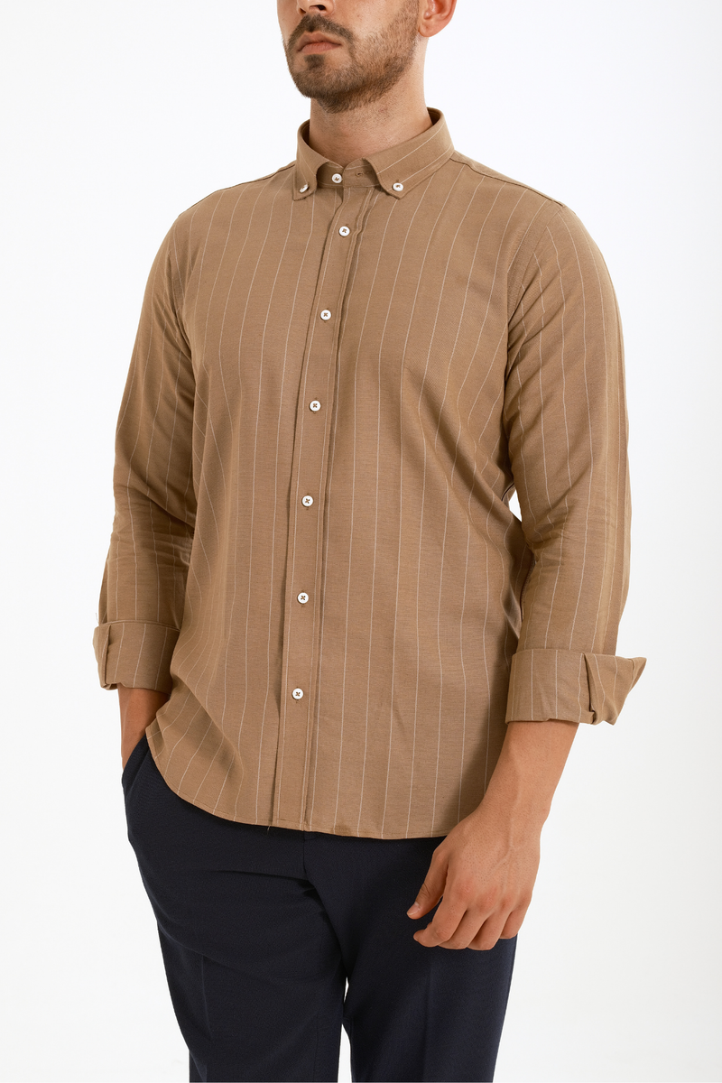 Sütlü Kahve Çizgili Keten Viskon Karışımlı Düğmeli Yaka Casual Modern Fit Gömlek
