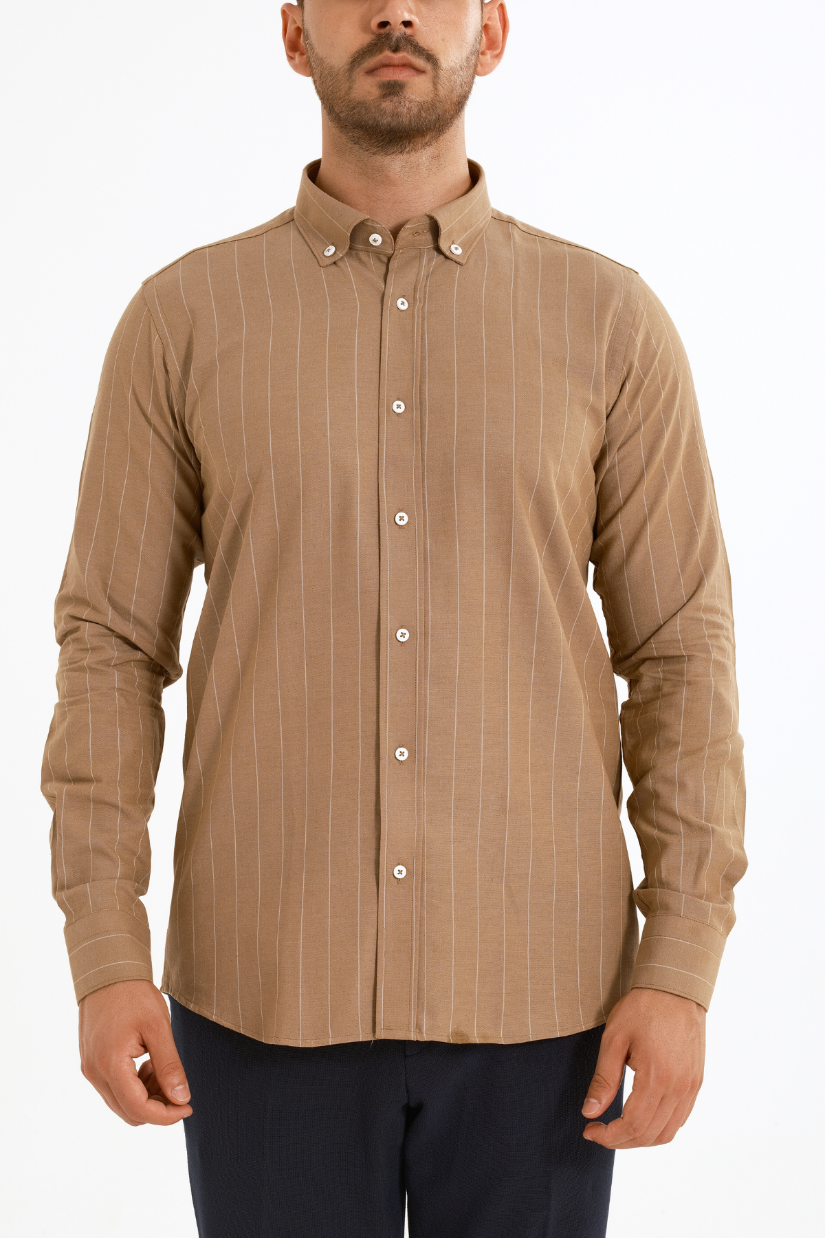 Sütlü Kahve Çizgili Keten Viskon Karışımlı Düğmeli Yaka Casual Modern Fit Gömlek