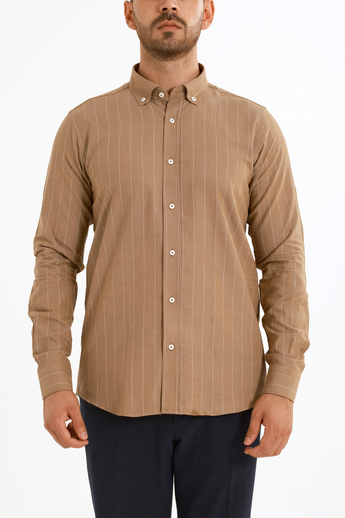 Sütlü Kahve Çizgili Keten Viskon Karışımlı Düğmeli Yaka Casual Modern Fit Gömlek