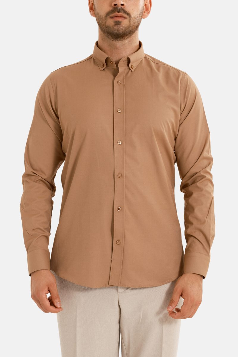Sütlü Kahve Oxford Düğmeli Yaka Pamuk Likra Slim Fit Casual Cepsiz Gömlek