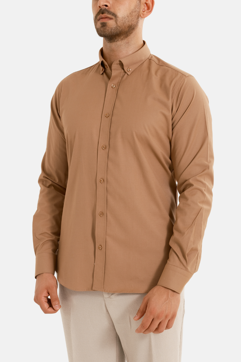 Sütlü Kahve Oxford Düğmeli Yaka Pamuk Likra Slim Fit Casual Cepsiz Gömlek