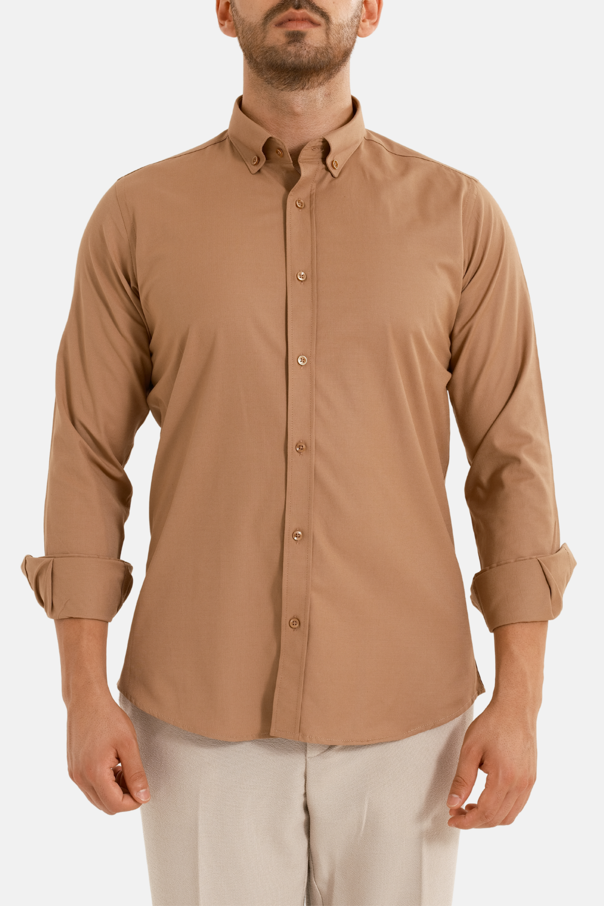 Sütlü Kahve Oxford Düğmeli Yaka Pamuk Likra Slim Fit Casual Cepsiz Gömlek