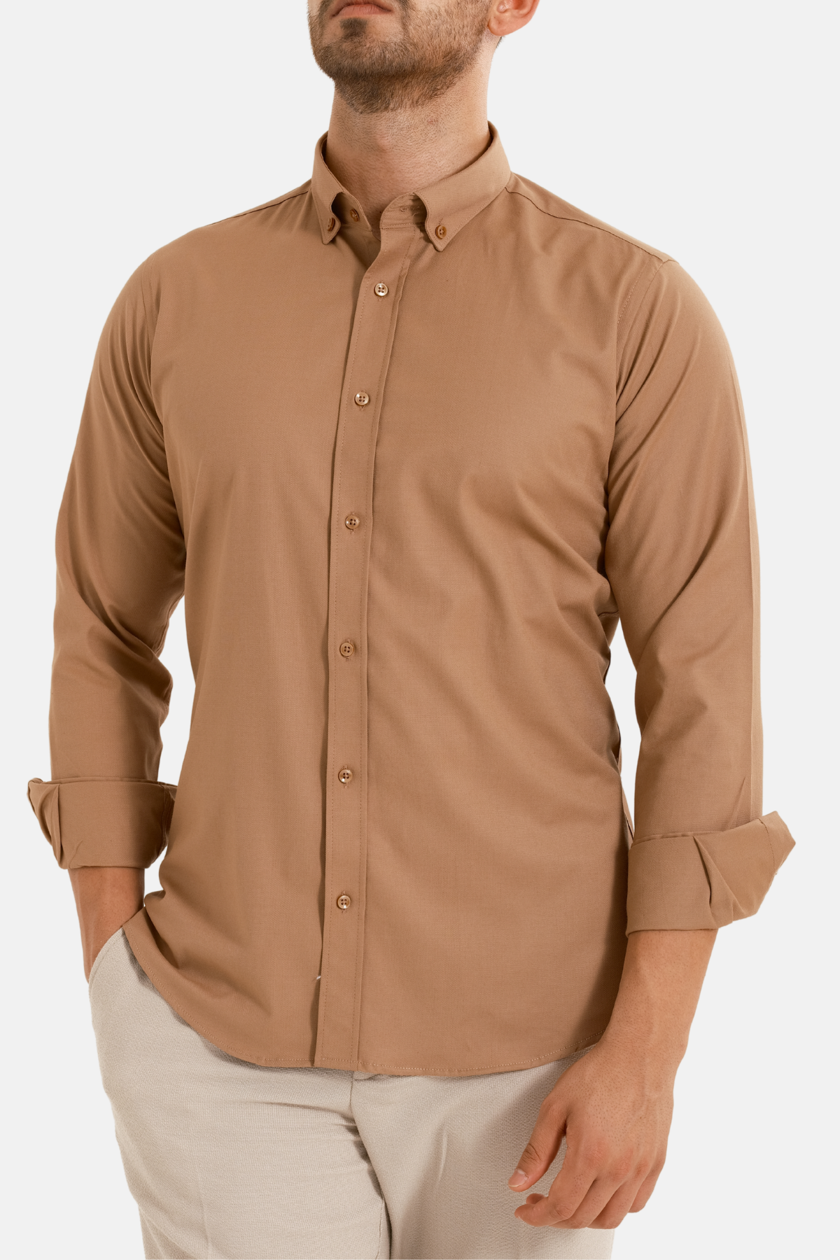 Sütlü Kahve Oxford Düğmeli Yaka Pamuk Likra Slim Fit Casual Cepsiz Gömlek