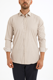 Sütlü Kahve Çizgili Pamuk Polyester Kolay Ütülenebilir Casual Cepsiz Modern Fit Gömlek