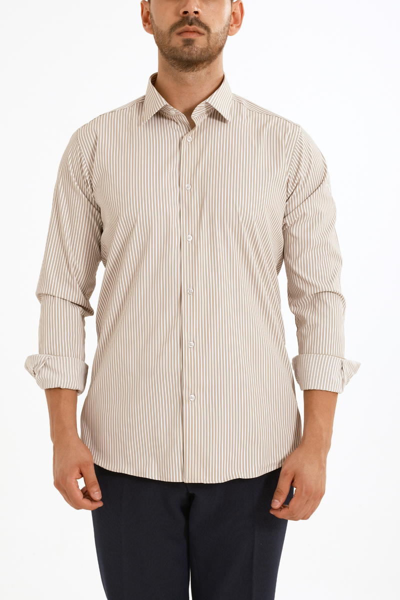 Sütlü Kahve Çizgili Pamuk Polyester Kolay Ütülenebilir Casual Cepsiz Modern Fit Gömlek