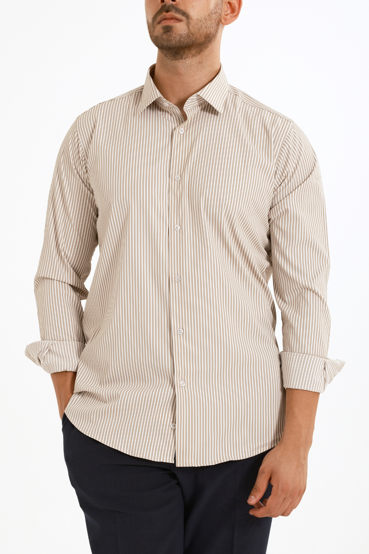 Sütlü Kahve Çizgili Pamuk Polyester Kolay Ütülenebilir Casual Cepsiz Modern Fit Gömlek