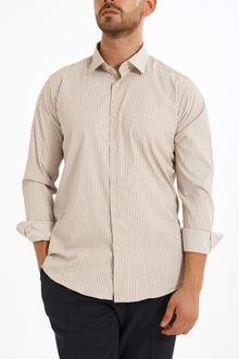 Sütlü Kahve Çizgili Pamuk Polyester Kolay Ütülenebilir Casual Cepsiz Modern Fit Gömlek