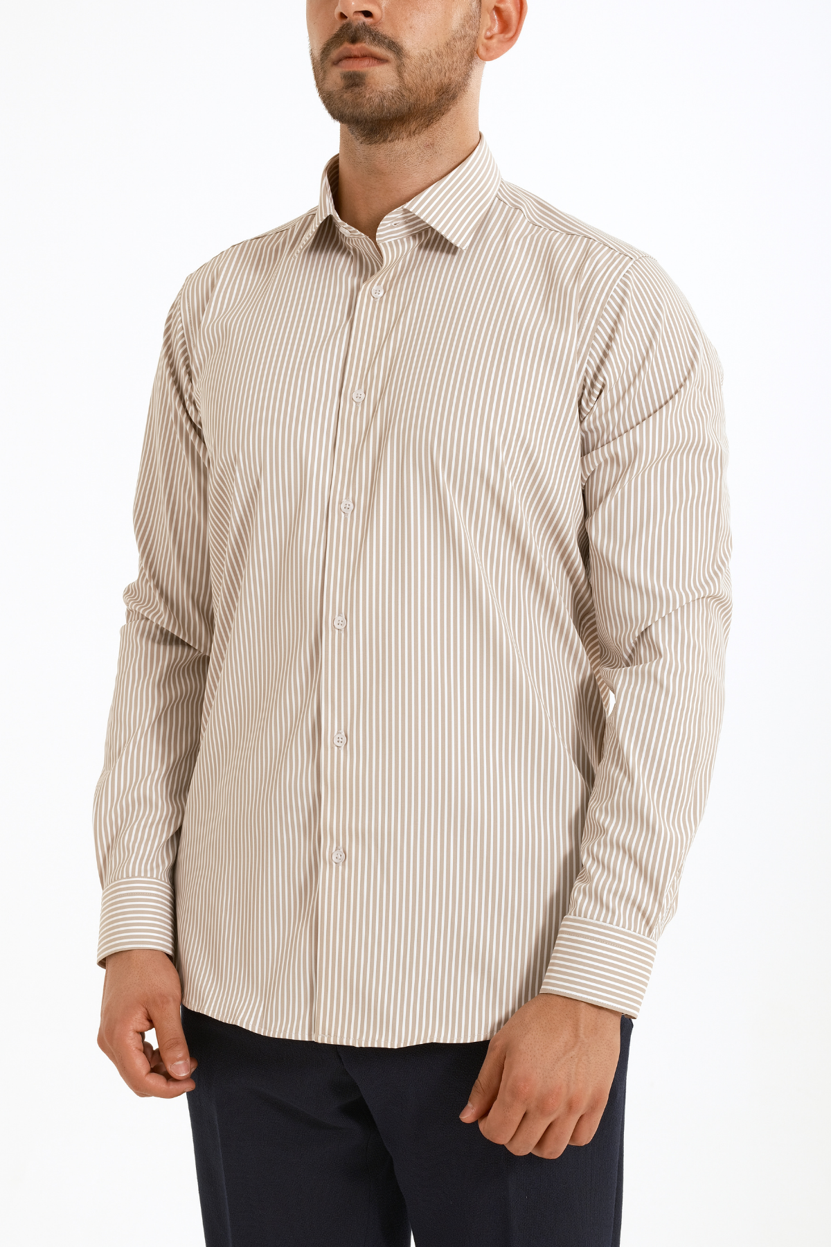 Sütlü Kahve Çizgili Pamuk Polyester Kolay Ütülenebilir Casual Cepsiz Modern Fit Gömlek