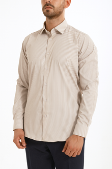 Sütlü Kahve Çizgili Pamuk Polyester Kolay Ütülenebilir Casual Cepsiz Modern Fit Gömlek