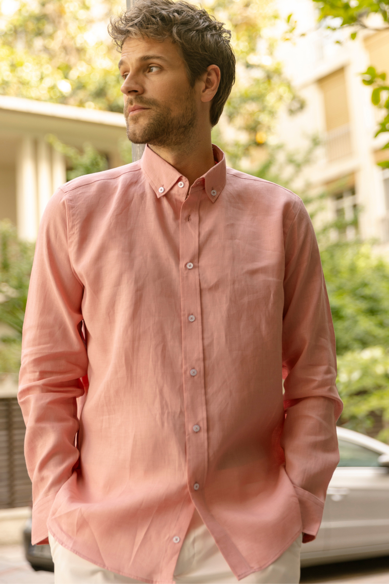 Pembe - Blush %100 Keten Düğmeli Yaka Casual Modern Fit Cepsiz Gömlek