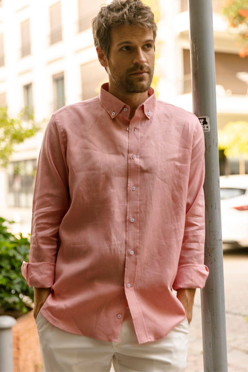 Pembe - Blush %100 Keten Düğmeli Yaka Casual Modern Fit Cepsiz Gömlek