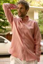 Pembe - Blush %100 Keten Düğmeli Yaka Casual Modern Fit Cepsiz Gömlek