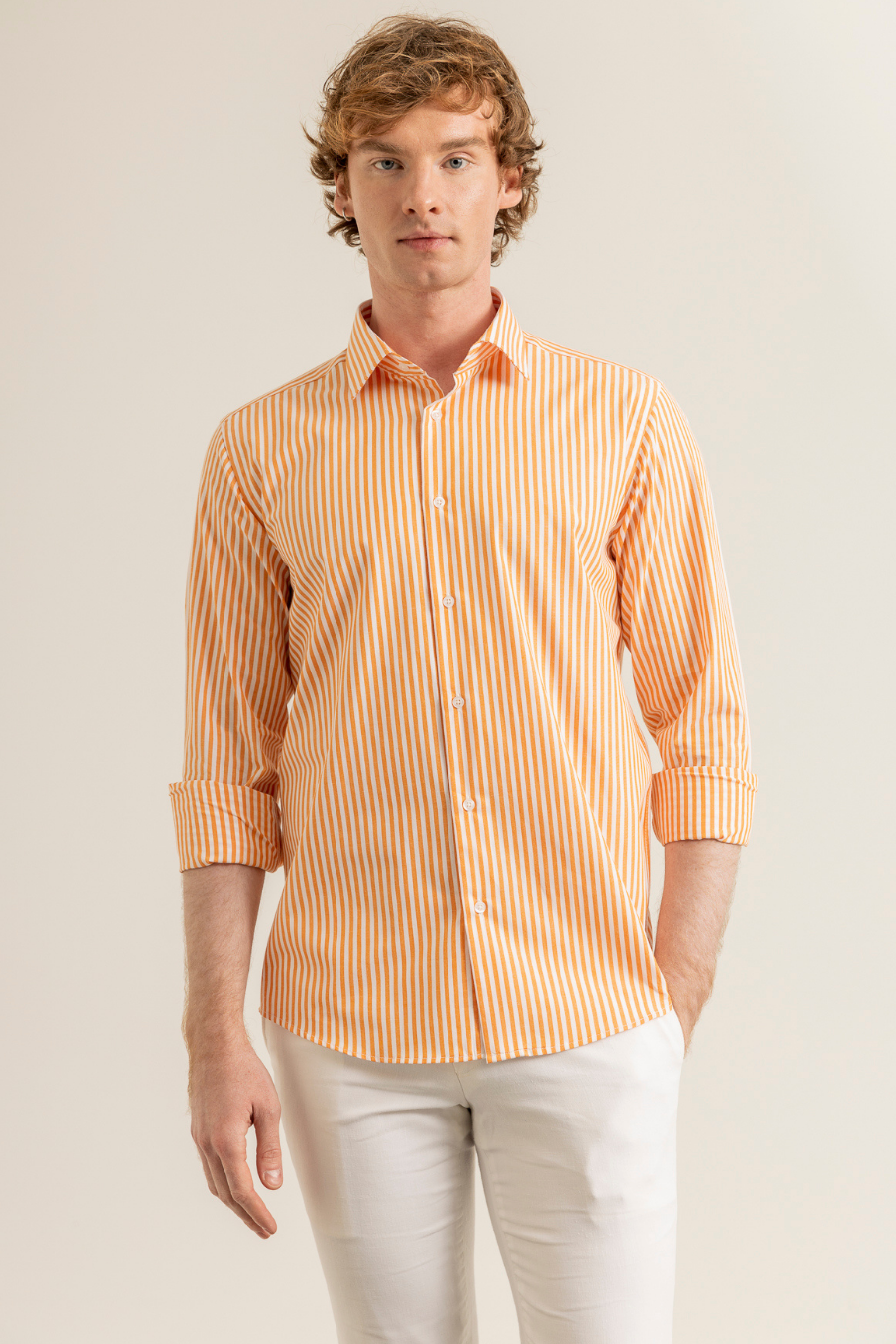Turuncu Çizgili Pamuk Polyester Kolay Ütülenebilir Casual Cepsiz Modern Fit Gömlek