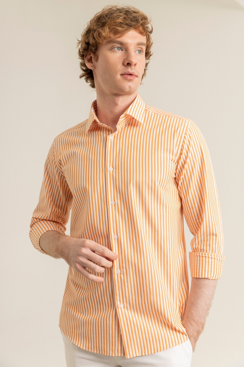 Turuncu Çizgili Pamuk Polyester Kolay Ütülenebilir Casual Cepsiz Modern Fit Gömlek