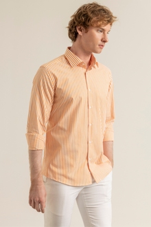 Turuncu Çizgili Pamuk Polyester Kolay Ütülenebilir Casual Cepsiz Modern Fit Gömlek
