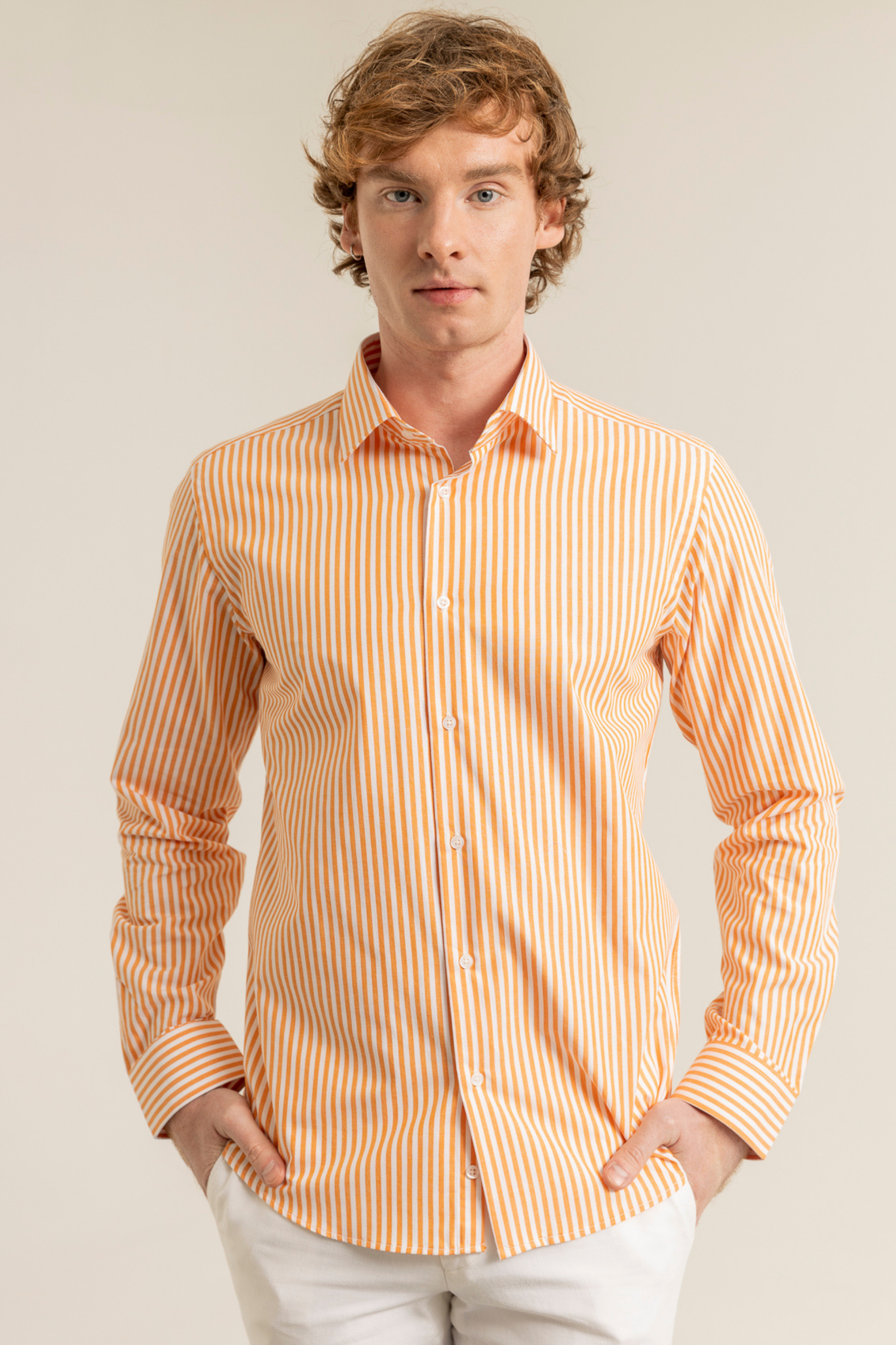 Turuncu Çizgili Pamuk Polyester Kolay Ütülenebilir Casual Cepsiz Modern Fit Gömlek