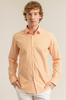 Turuncu Çizgili Pamuk Polyester Kolay Ütülenebilir Casual Cepsiz Modern Fit Gömlek