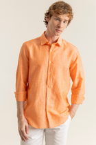 Turuncu %100 Keten Düğmeli Yaka Casual Modern Fit Cepsiz Gömlek