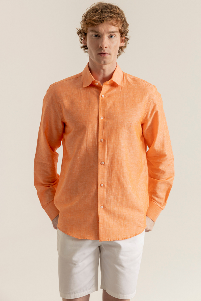 Turuncu %100 Keten Düğmeli Yaka Casual Modern Fit Cepsiz Gömlek