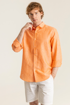 Turuncu %100 Keten Düğmeli Yaka Casual Modern Fit Cepsiz Gömlek