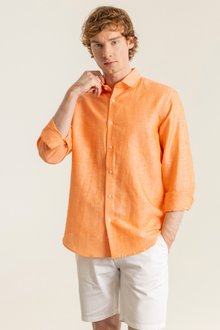 Turuncu %100 Keten Düğmeli Yaka Casual Modern Fit Cepsiz Gömlek