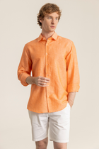 Turuncu %100 Keten Düğmeli Yaka Casual Modern Fit Cepsiz Gömlek