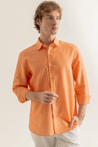 Turuncu %100 Keten Düğmeli Yaka Casual Modern Fit Cepsiz Gömlek