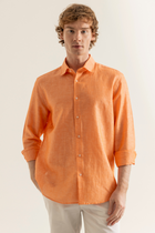 Turuncu %100 Keten Düğmeli Yaka Casual Modern Fit Cepsiz Gömlek