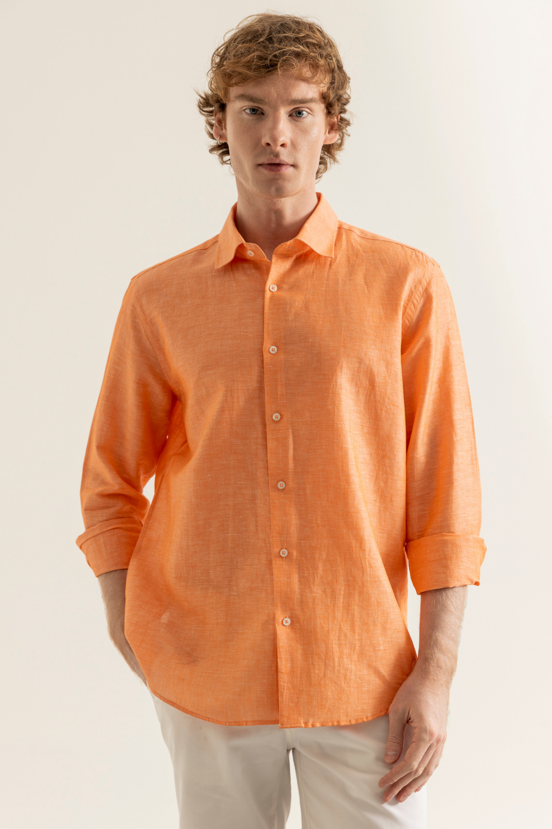 Turuncu %100 Keten Düğmeli Yaka Casual Modern Fit Cepsiz Gömlek