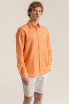 Turuncu %100 Keten Düğmeli Yaka Casual Modern Fit Cepsiz Gömlek