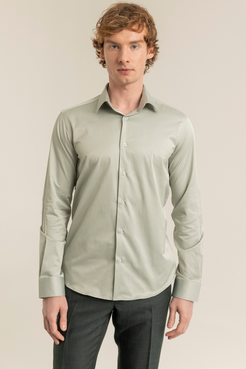 Açık Yeşil %100 Pamuk Saten Non-Iron Ütü Istemeyen Casual Cepsiz Modern Fit Gömlek