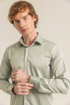 Açık Yeşil %100 Pamuk Saten Non-Iron Ütü Istemeyen Casual Cepsiz Modern Fit Gömlek