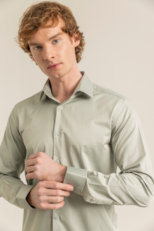 Açık Yeşil %100 Pamuk Saten Non-Iron Ütü Istemeyen Casual Cepsiz Modern Fit Gömlek