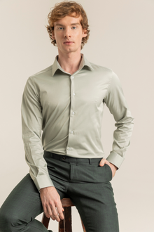 Açık Yeşil %100 Pamuk Saten Non-Iron Ütü Istemeyen Casual Cepsiz Modern Fit Gömlek