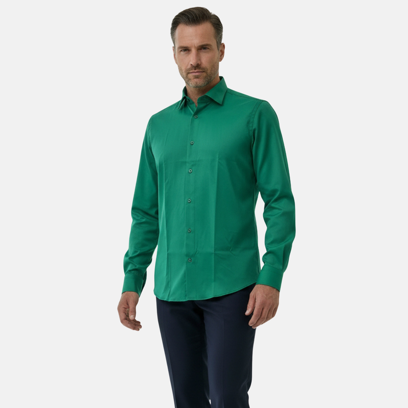 Zümrüt Yeşili %100 Pamuk Saten Non-Iron Ütü Istemeyen Casual Cepsiz Modern Fit Gömlek