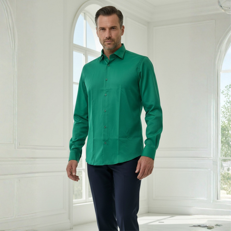 Zümrüt Yeşili %100 Pamuk Saten Non-Iron Ütü Istemeyen Casual Cepsiz Modern Fit Gömlek